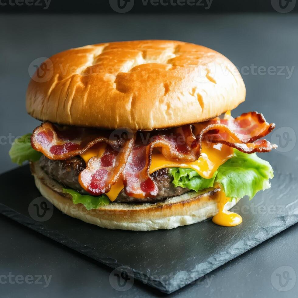 A hamburger with bacon and lettuce on a black slate photo
