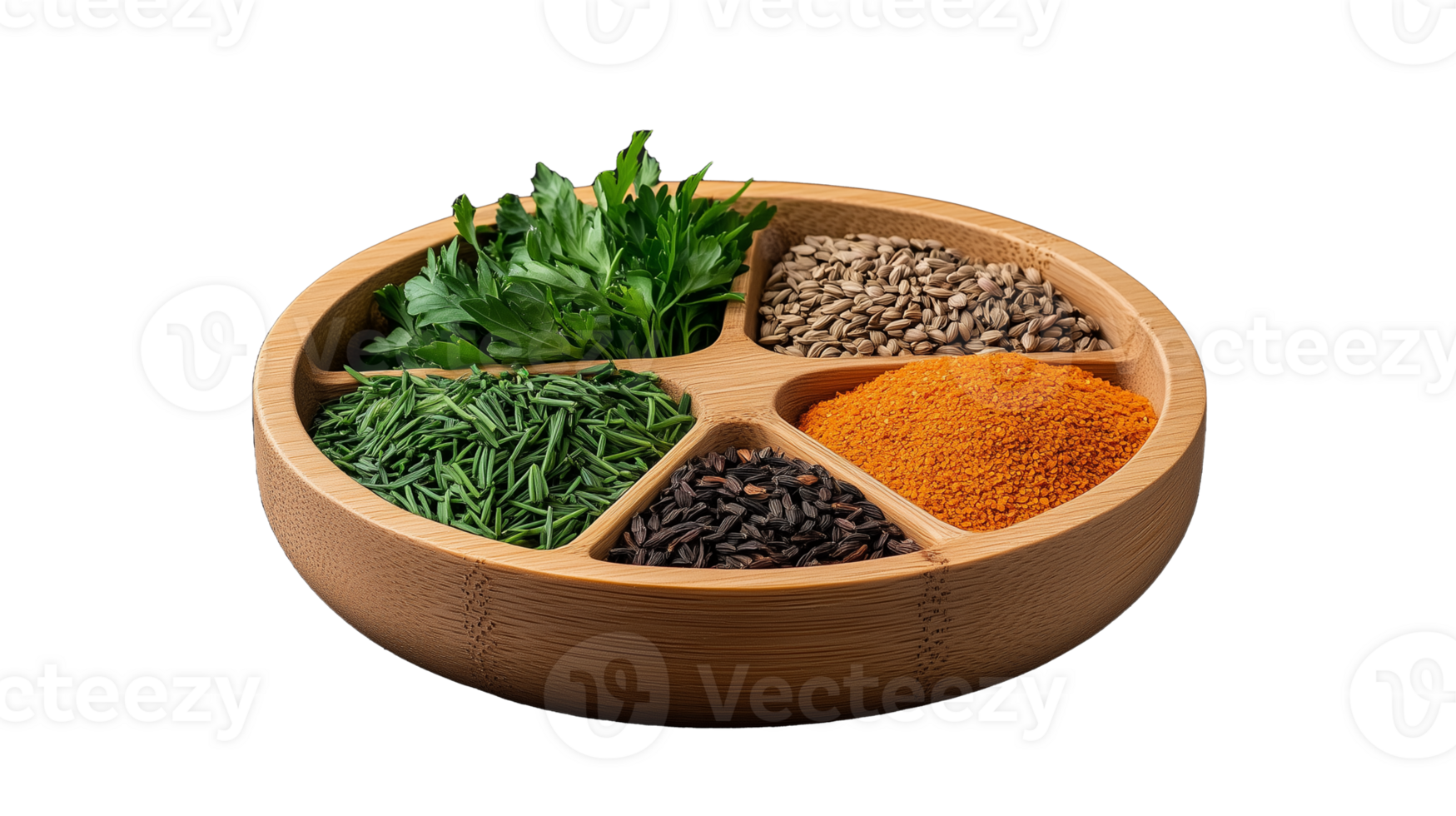 Fresh herbs and spices in a wooden bowl with transparent background png