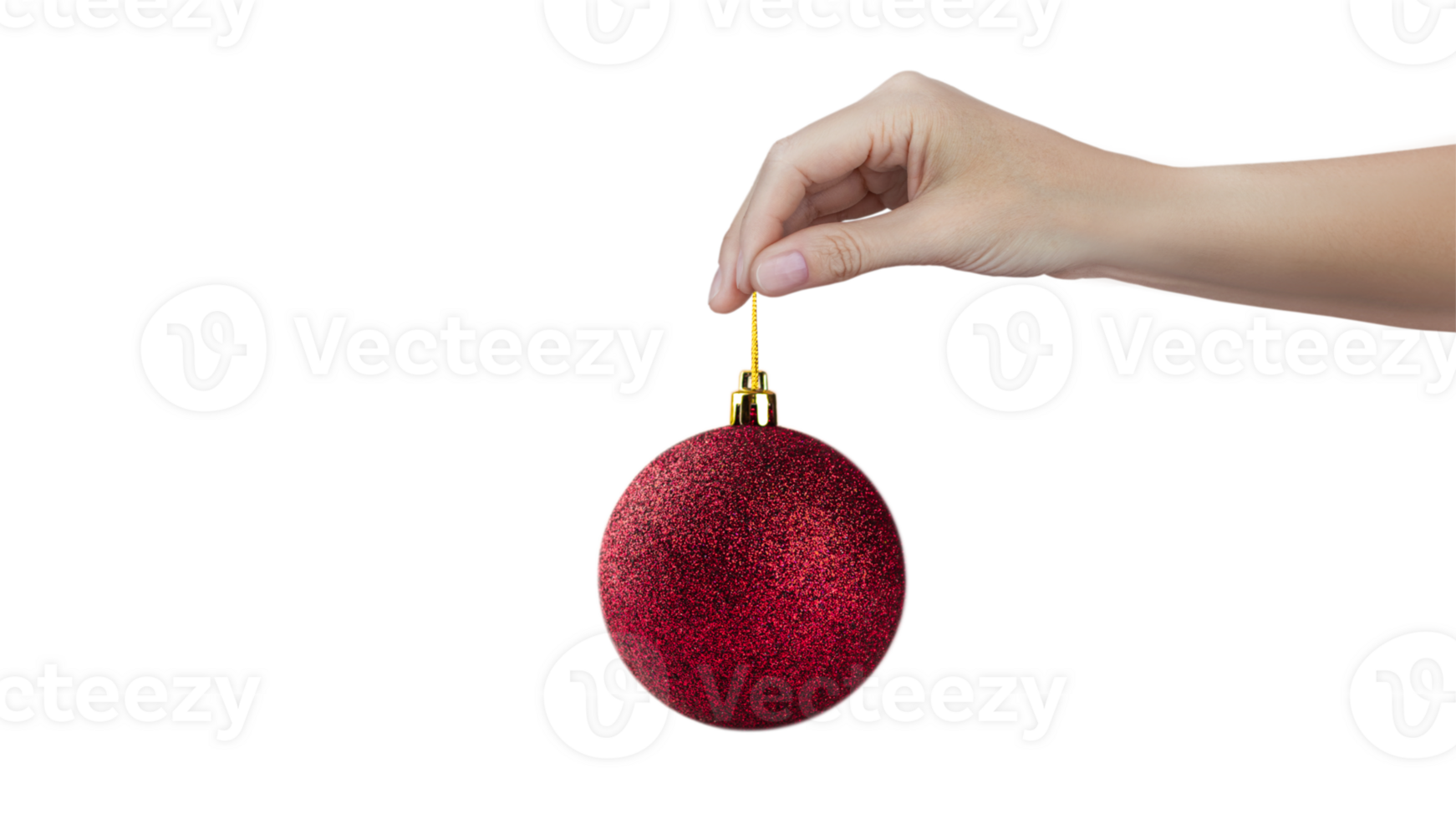 Hand holds a red shiny Christmas tree ball isolated png