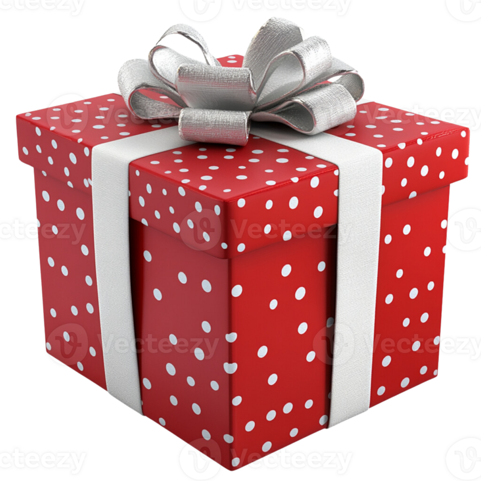 Red gift box with dots pattern and white ribbon element on transparent background. png
