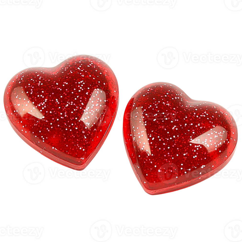 Two red hearts with shiny and sparkling elements on transparent background. png