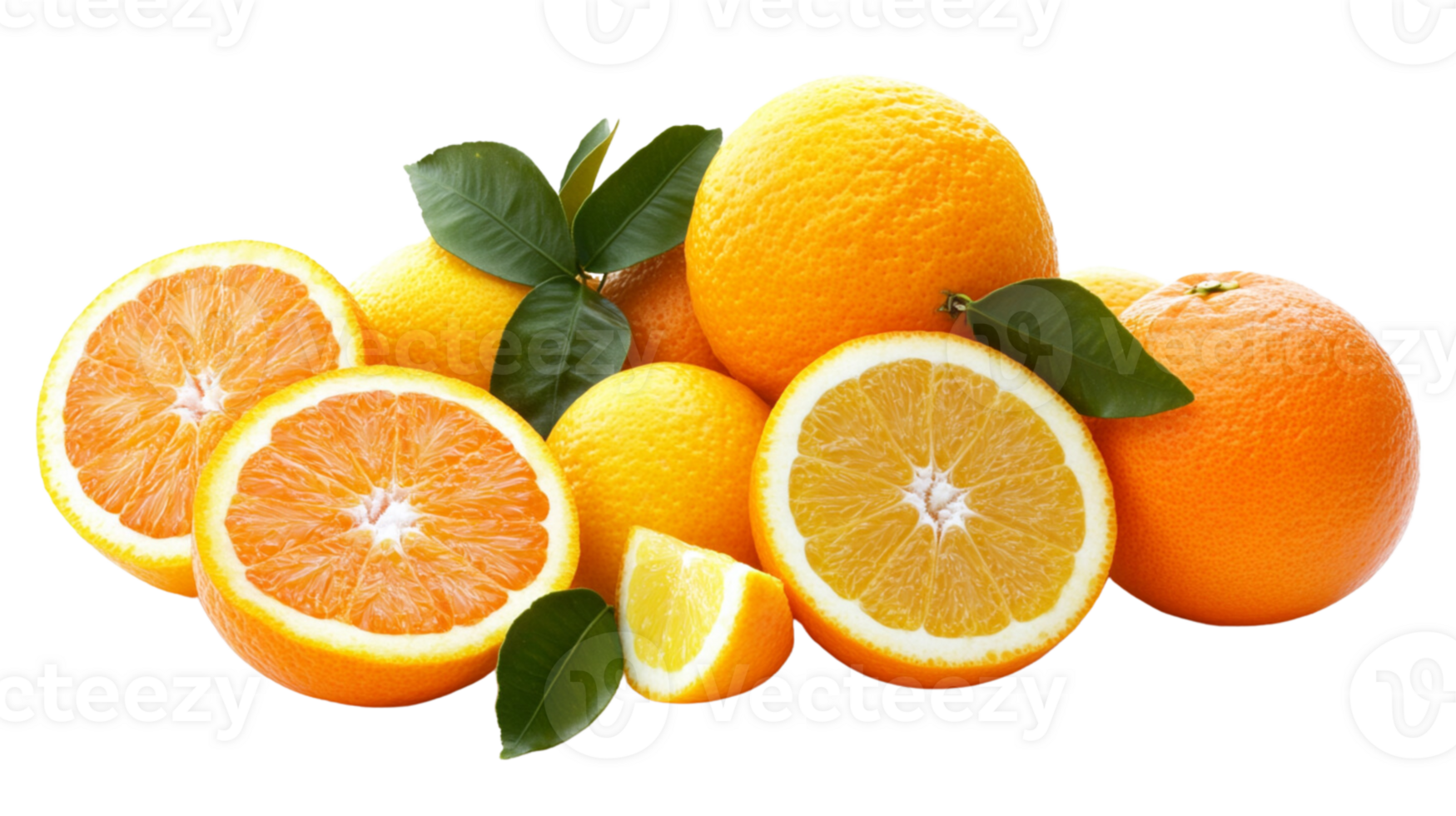 Stack of oranges with halved oranges as composition on transparent background. png
