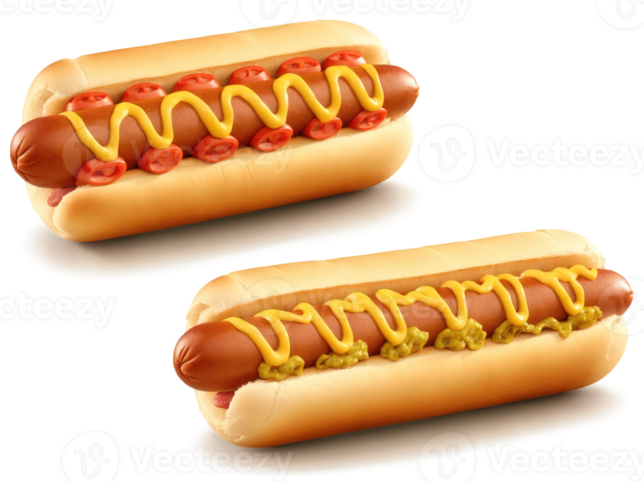 Hot dogs deluxe All-beef hot dogs, soft buns, creative toppings, transparent bg, bold primary colors png