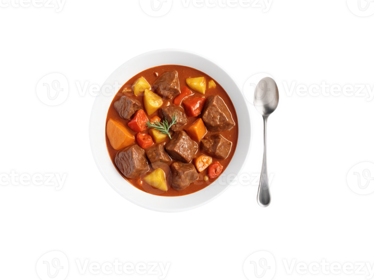 Goulash, Hungarian beef stew with paprika and vegetables, rich red color, chunky ingredients dynamically suspended png