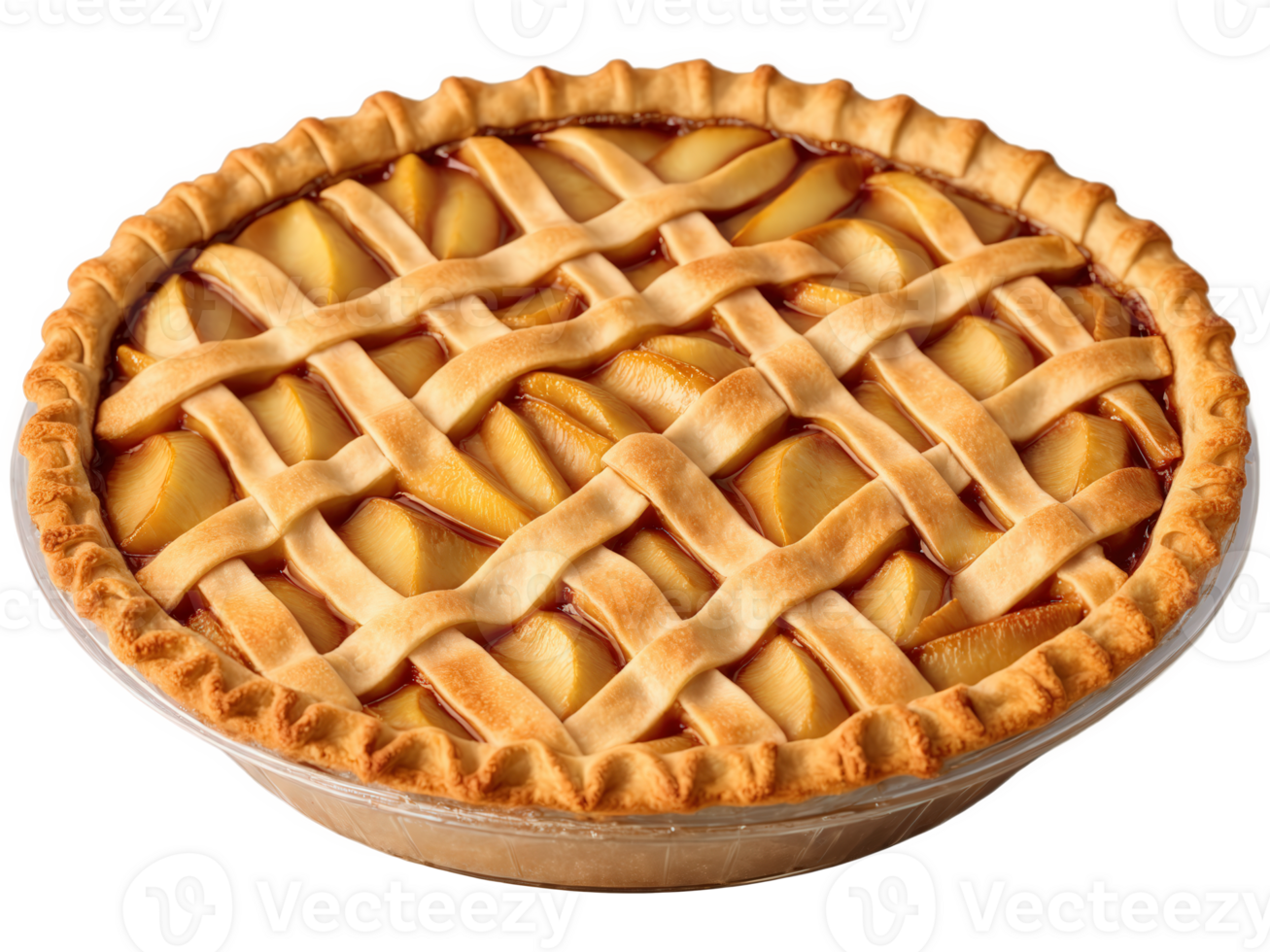 Apple Pie A rustic open-faced golden pie with flaky lattice crust, baked apples glistening with cinnamon syrup, on a transparent png
