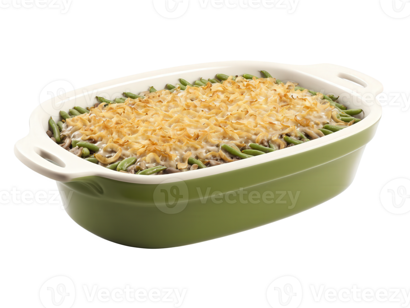 Green bean casserole, tender green beans in creamy mushroom sauce, crispy fried onion topping, steaming in casserole dish, isolated png