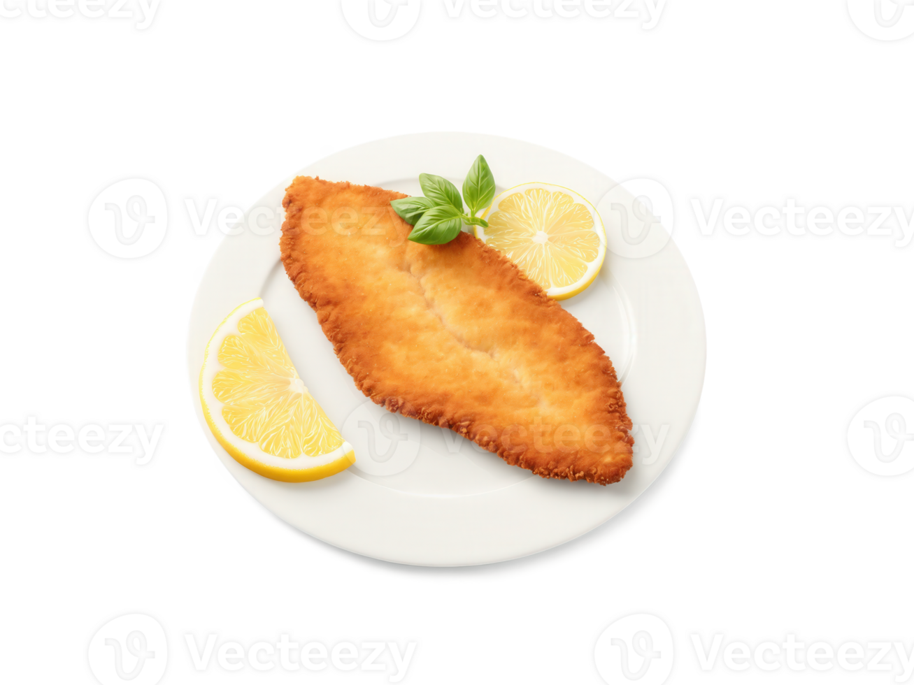 Wiener Schnitzel, thin breaded veal cutlet from Austria, golden brown color, floating with lemon slice, bright highlights png