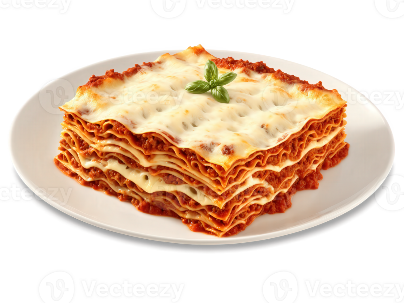Lasagna bolognese Layers of pasta, rich meat sauce, melted cheese, creative garnish, transparent bg, warm earthy tones png