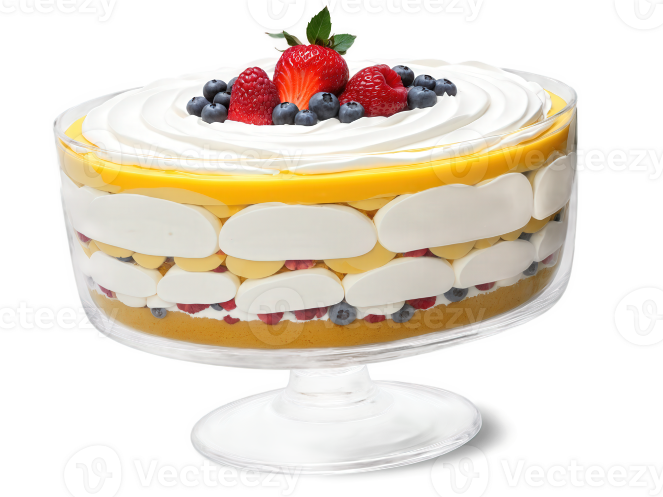 Trifle Elaborate trifle in a glass bowl with layers of cake, custard, fruit, and whipped cream, transparent bg. png