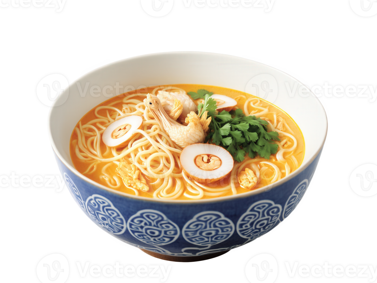 Khao Soi Thailand Creamy coconut curry noodle soup with chicken, shallots and crispy noodles in rustic ceramic bowl, transparent png