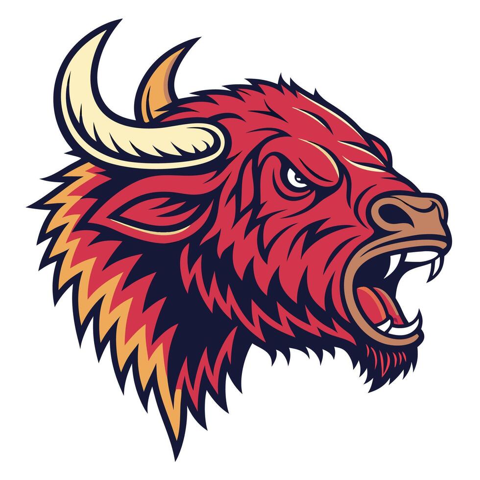 an angry buffalo head with horns and a big mouth vector