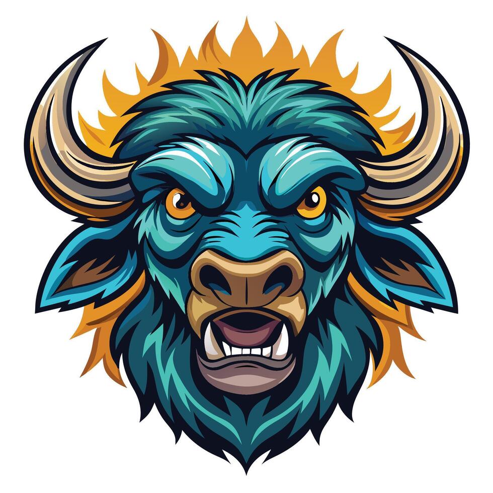 an angry buffalo head with horns and flames vector