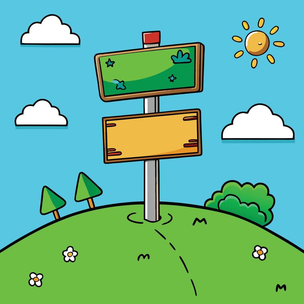 a cartoon signpost with a road and trees vector