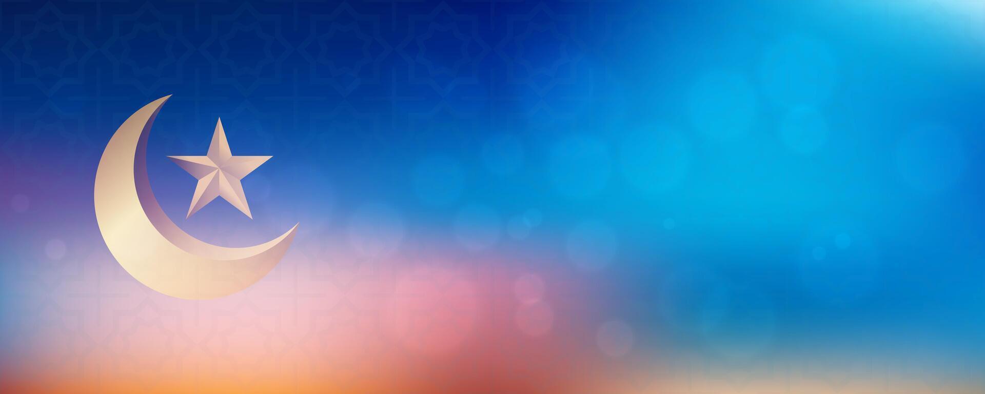 golden star crescent moon with islamic light bokeh background vector