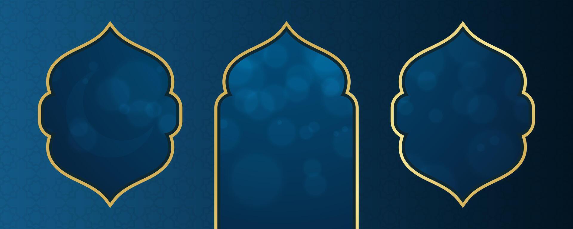 elegant golden islamic window pattern decoration with blue night bokeh background vector
