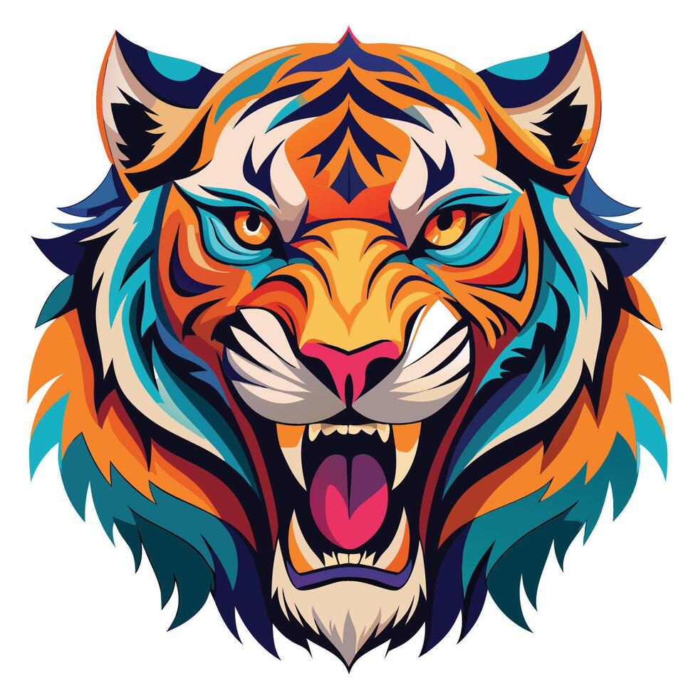 a colorful tiger head with its mouth open vector