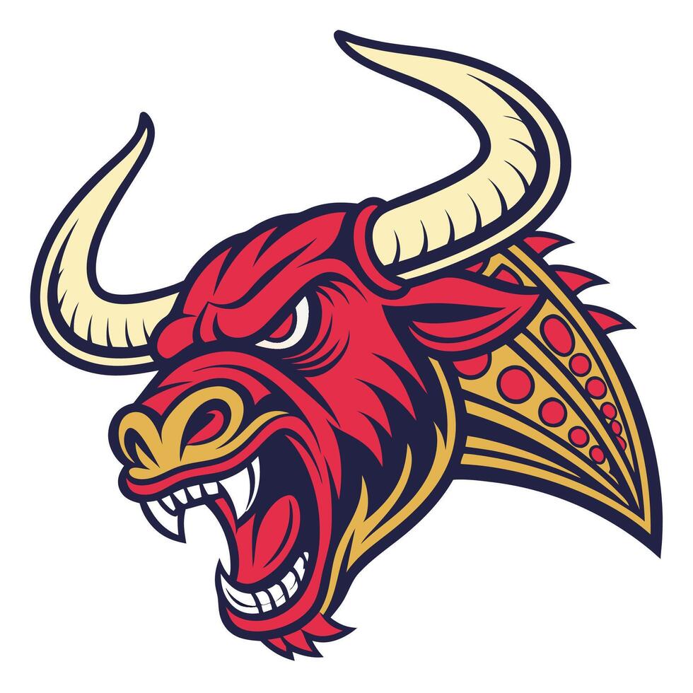 the head of a bull with horns and a red and gold design vector