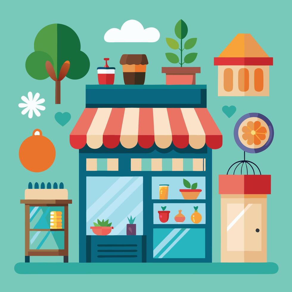an illustration of a store front with various items vector