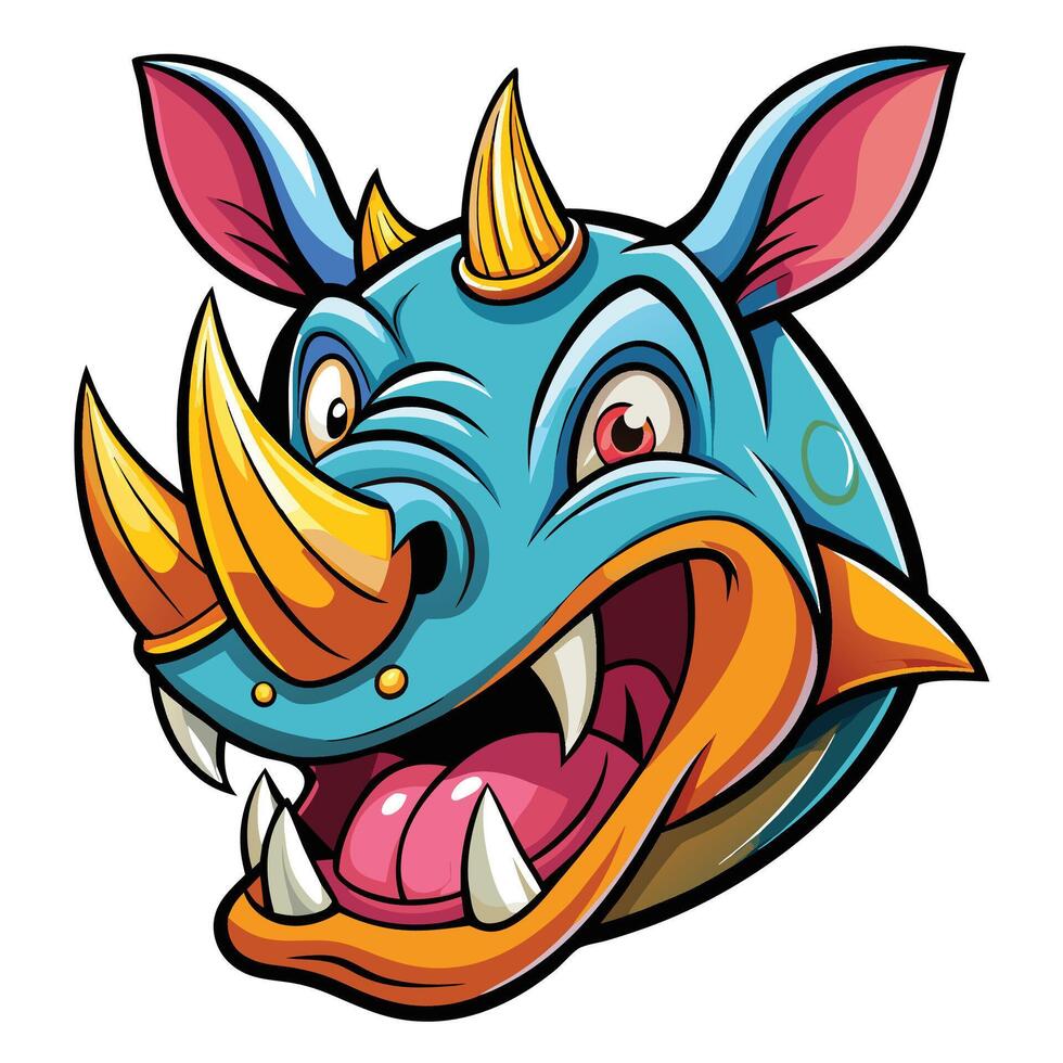 a cartoon rhino head with horns and a big mouth vector