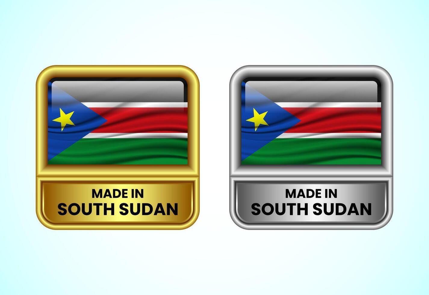 Made in South Sudan label icon in gold and silver color. Flag icon set for business vector