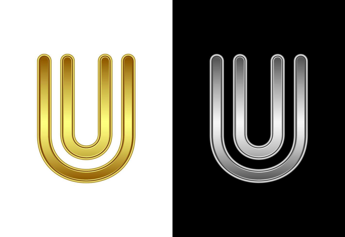 Initial alphabet U in gold and silver color. Graphic alphabet symbol for corporate business identity vector