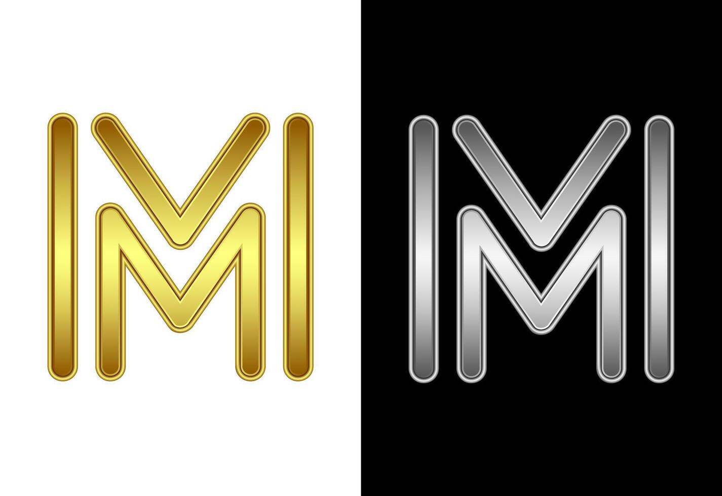 Initial alphabet M in gold and silver color. Graphic alphabet symbol for corporate business identity vector