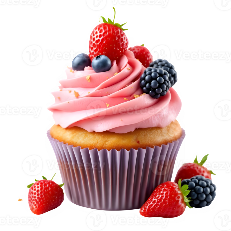 Delicious Strawberry Cupcakes with Fresh Berries and Golden Crust, Isolated on Transparent Background png