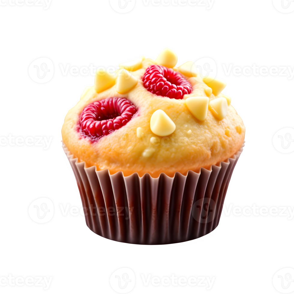Isolated Image of a Raspberry and White Chocolate Muffin with Fresh Red Berries and Creamy White Chocolate Chips on Transparent Background png