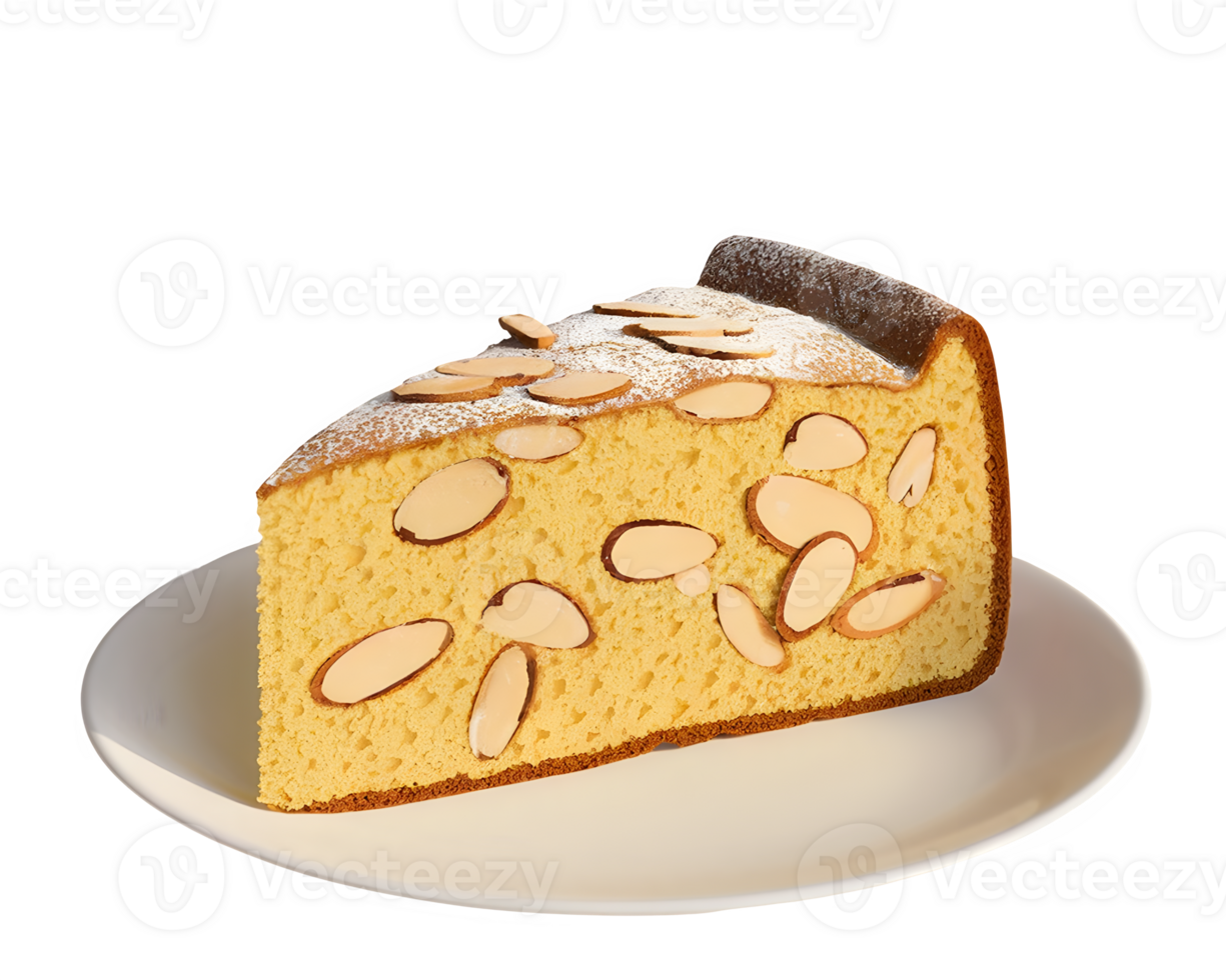 Delicious almond cake slice homemade nutty dessert with powdered sugar a Isolated on transparent background png