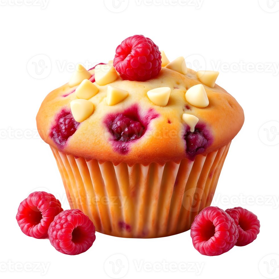 Isolated Image of a Raspberry and White Chocolate Muffin with Fresh Red Berries and Creamy White Chocolate Chips on Transparent Background png