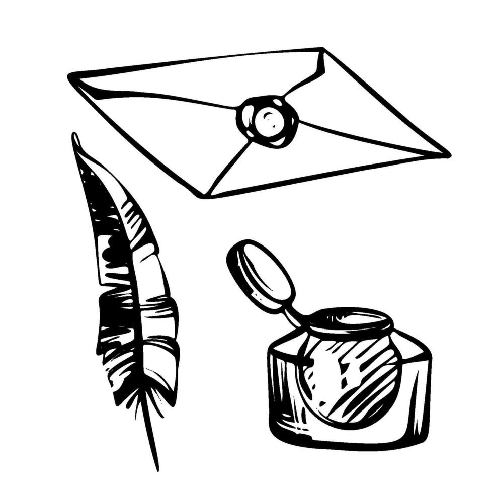 Antique Writing Tools Design. A black and white drawing of vintage writing equipment including a feather pen and inkwell. Perfect for creative stationery packaging or retro mail designs. vector