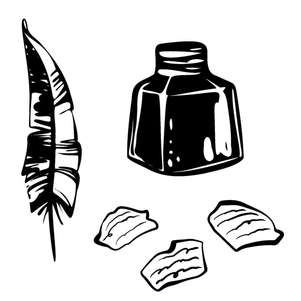 Antique Writing Tools Design. A black and white drawing of vintage writing equipment including a feather pen and inkwell. Perfect for creative stationery packaging or retro mail designs. vector
