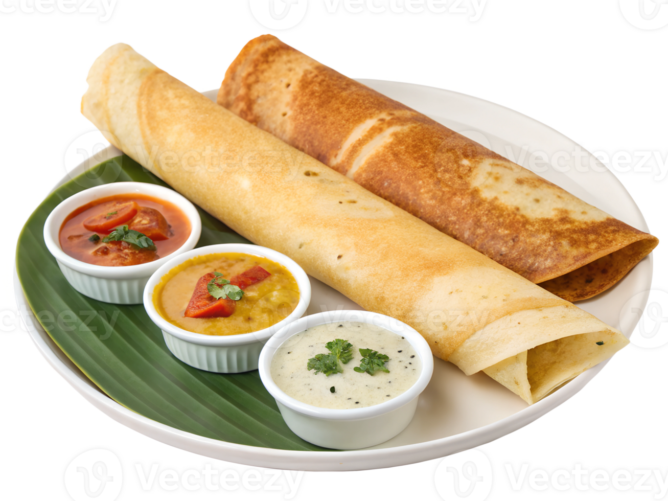 Indian dosas on a plate with different dips, side and top view, isolated on a png