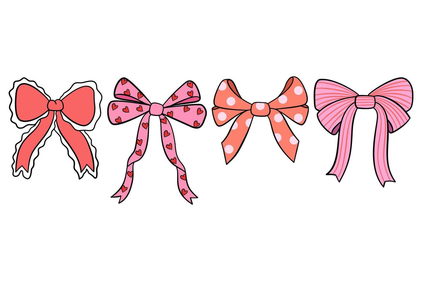 Valentine cute doodle ribbon bow set illustration by hand drawn. vector