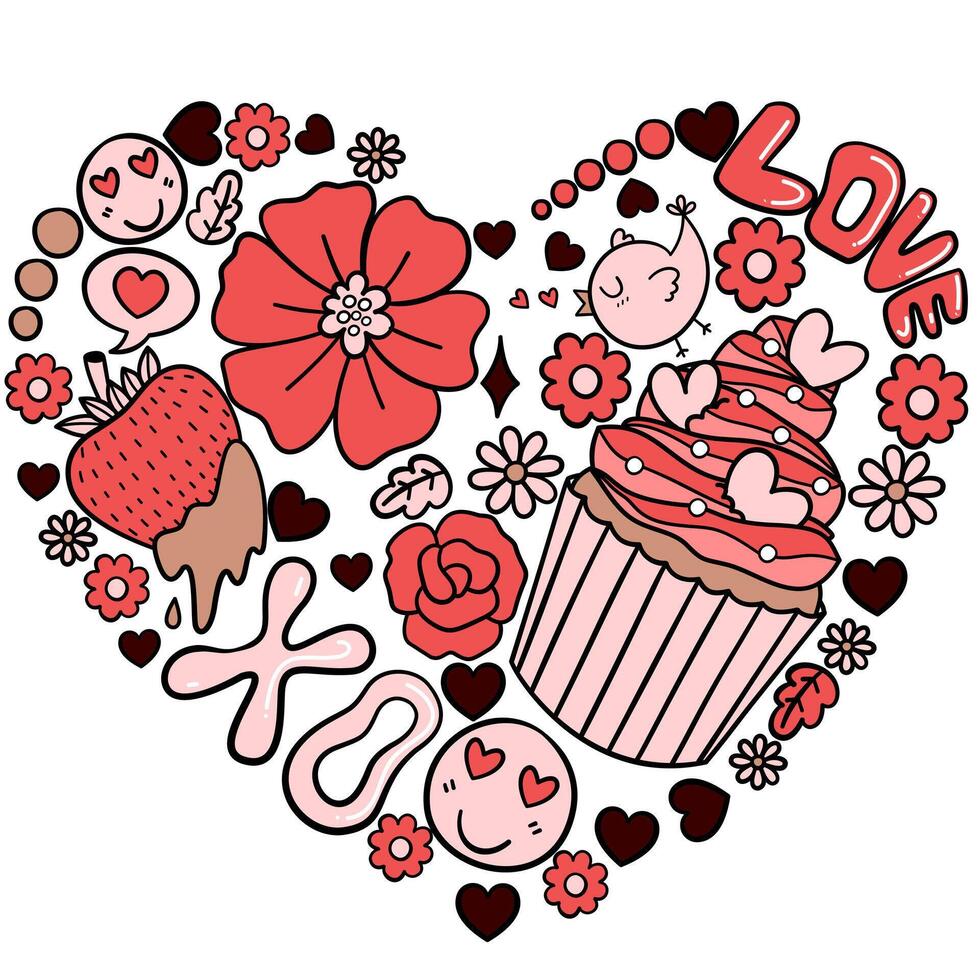Heart-Shaped Love Collage with Flowers, Cupcakes, Strawberries, and Romantic Elements in Vibrant Red and Pink Tones Illustration by hand drawn. vector