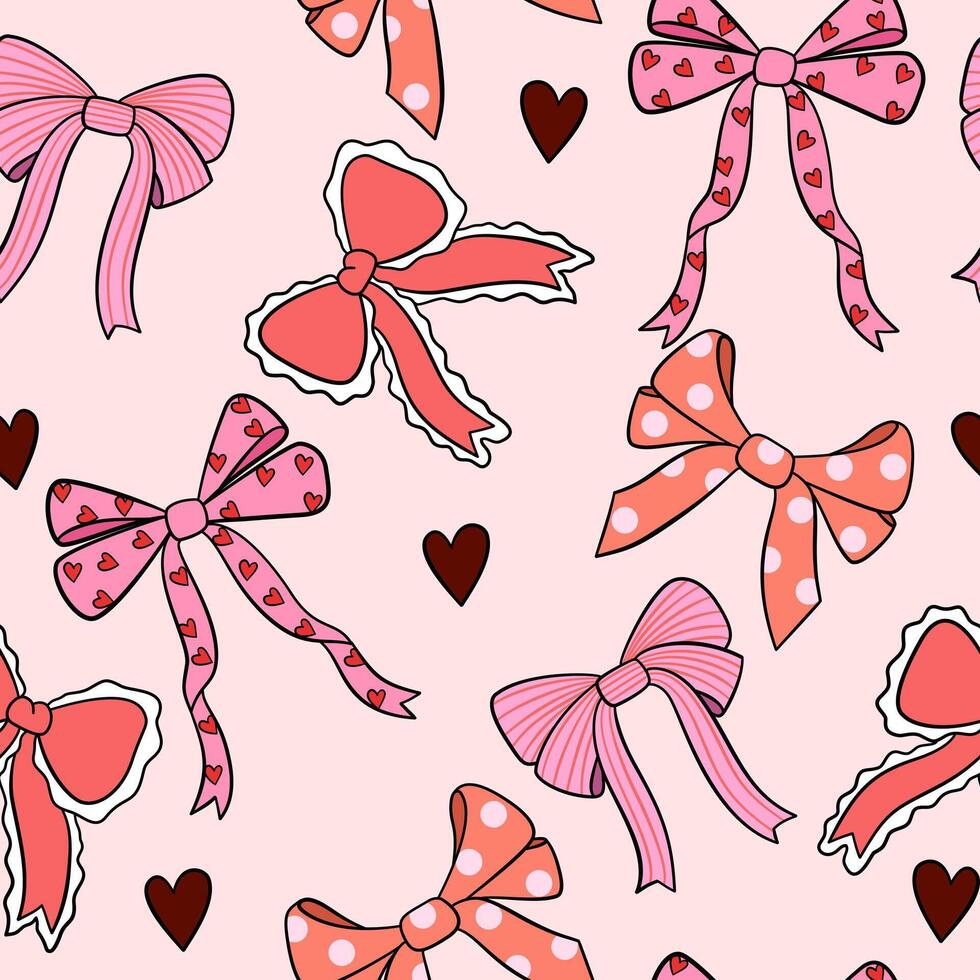 Cute doodle ribbon bow for Valentine background seamless pattern. vector