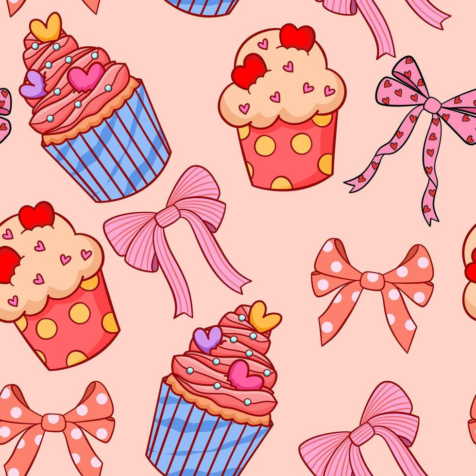 Valentine cupcakes with ribbon bow seamless pattern background. vector