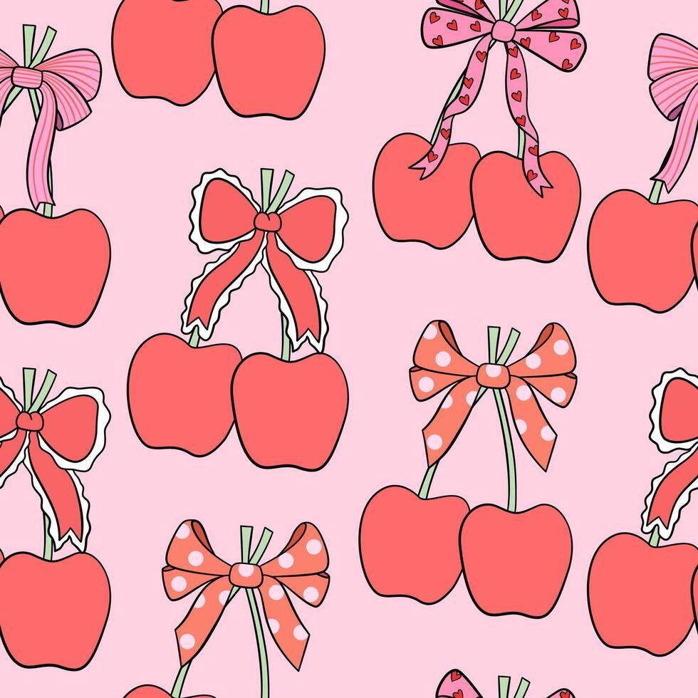 Cherry with ribbon bow for valentine seamless pattern background. vector