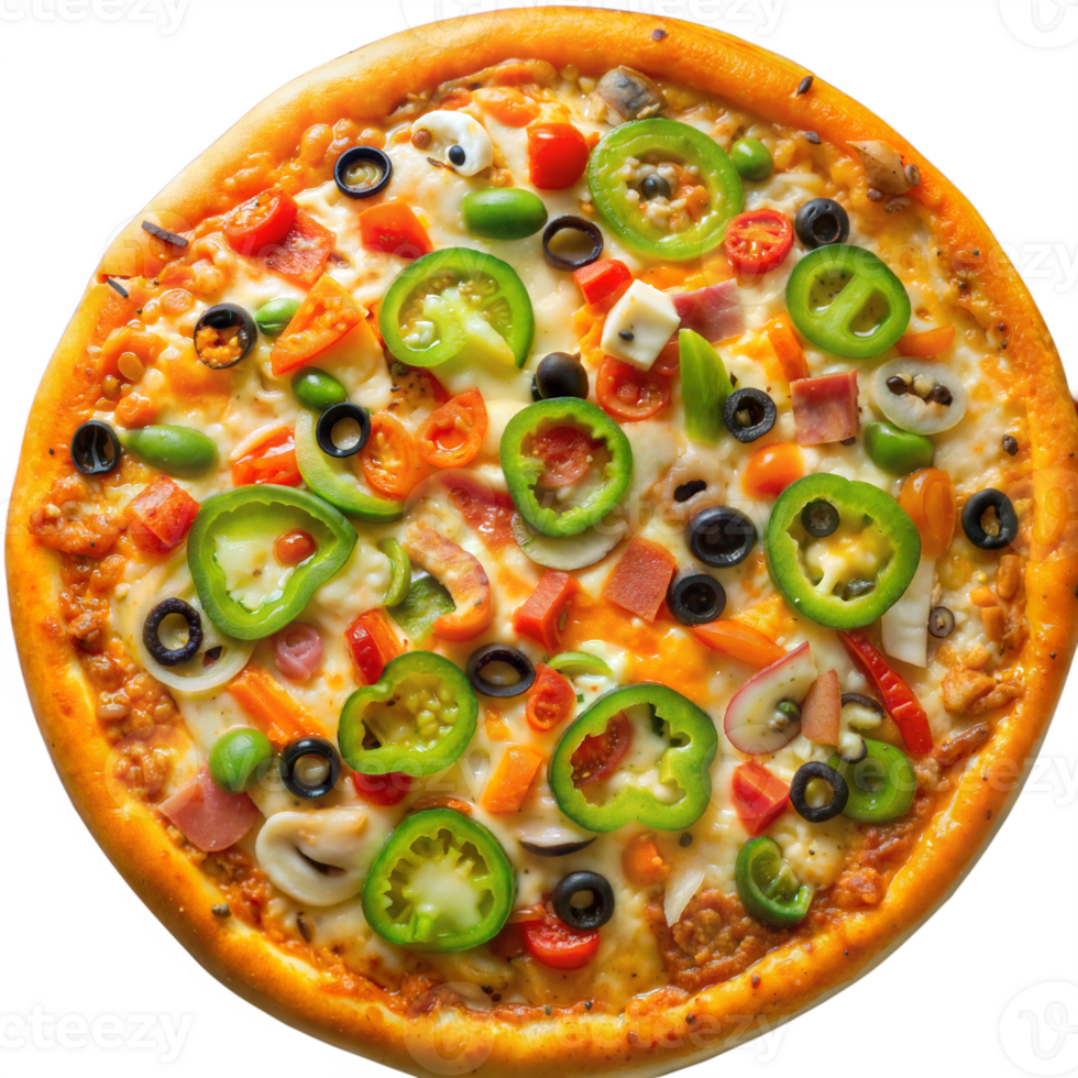 A pizza with peppers, olives, and mushrooms png
