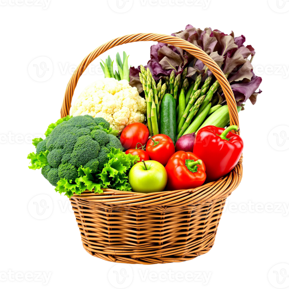 A basket of vegetables including broccoli, cauliflower, and tomato on transparent background png