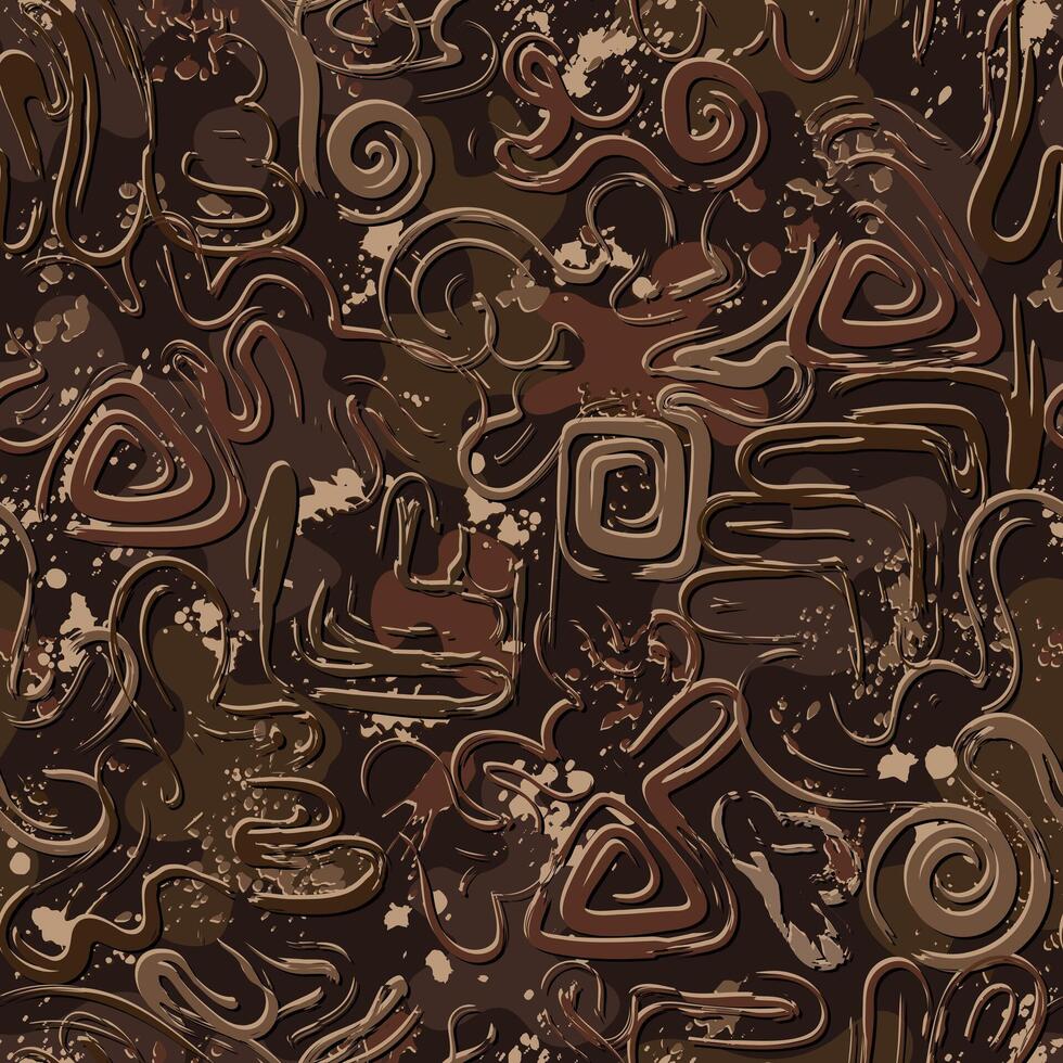 Seamless brown camouflage pattern with abstract wavy shapes, swirls, twirls, paint brush strokes, blots, spattered paint. Dense random composition. Grunge texture vector