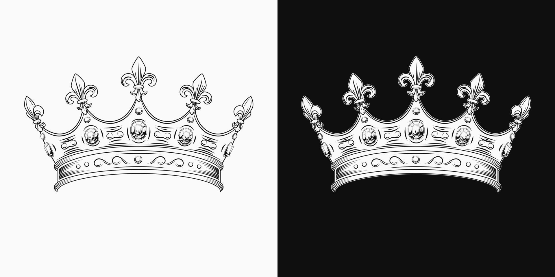 Medieval crown with gemstones, fleur de lis sign on points. Black and white design element is easy to combine with head, any face. Front view. Vintage style. vector