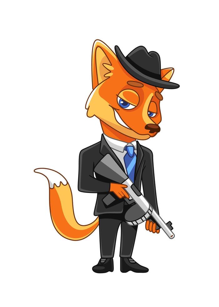 Illustration of a fox gangster character with a machine gun in his hands in a cute cartoon style. vector