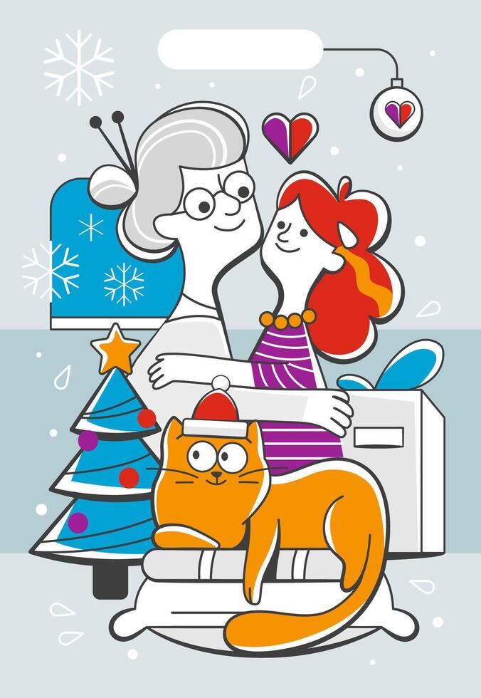 Illustration of grandmother hugging granddaughter and cat in cute cartoon style. vector