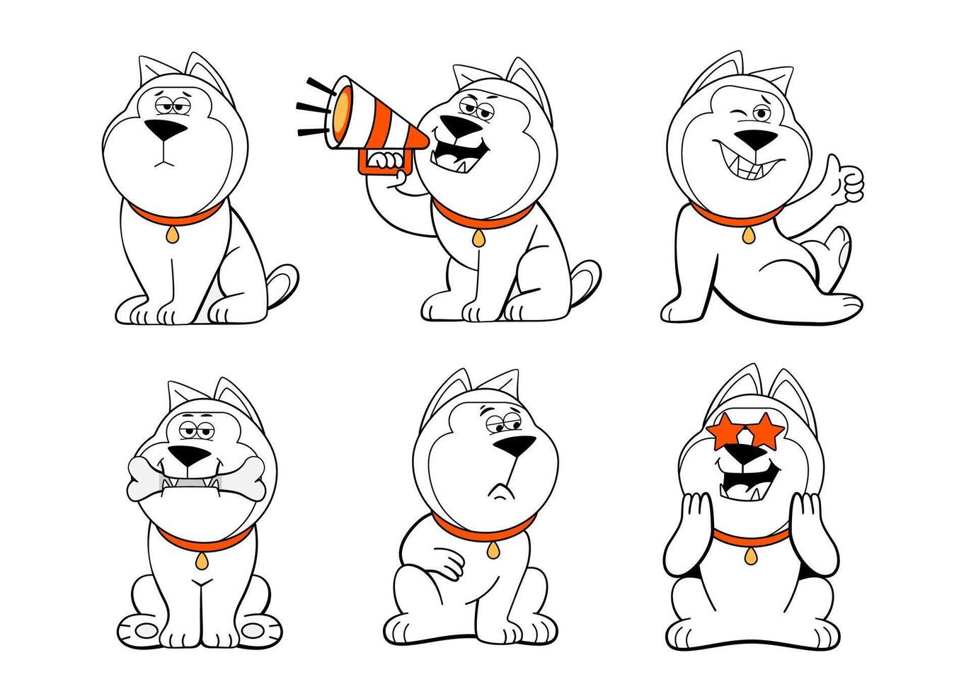 A set of emotions and poses of the character dog, adoration, sadness, like, with a megaphone, with a bone, etc. in doodle style. vector