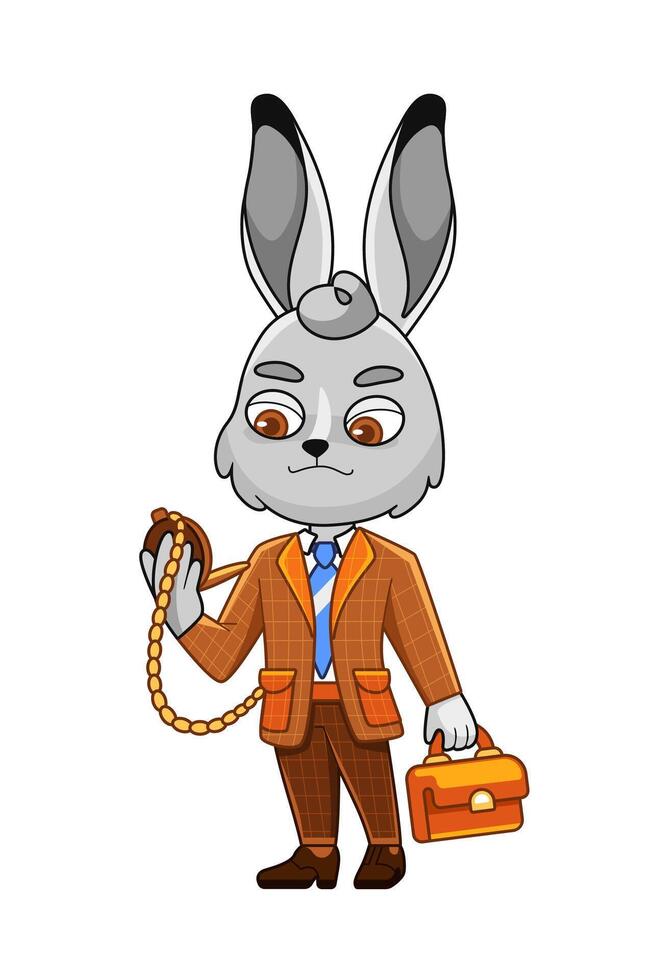 Illustration of a hare character in a business suit and with a pocket watch in a cute cartoon style. vector