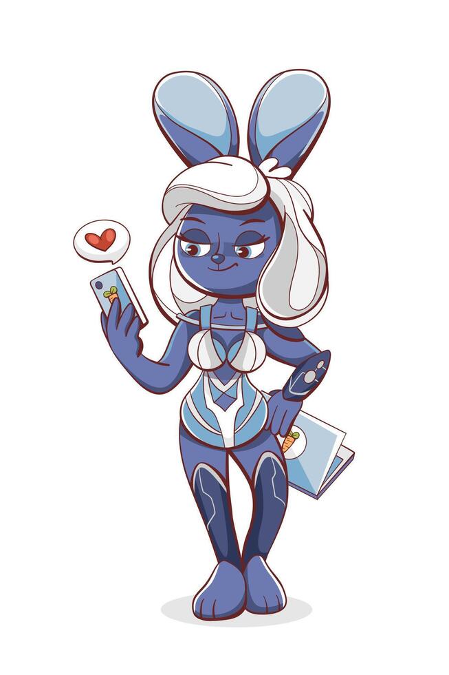 Illustration of a hare girl with bionic prosthetic legs in a cute cartoon style. vector