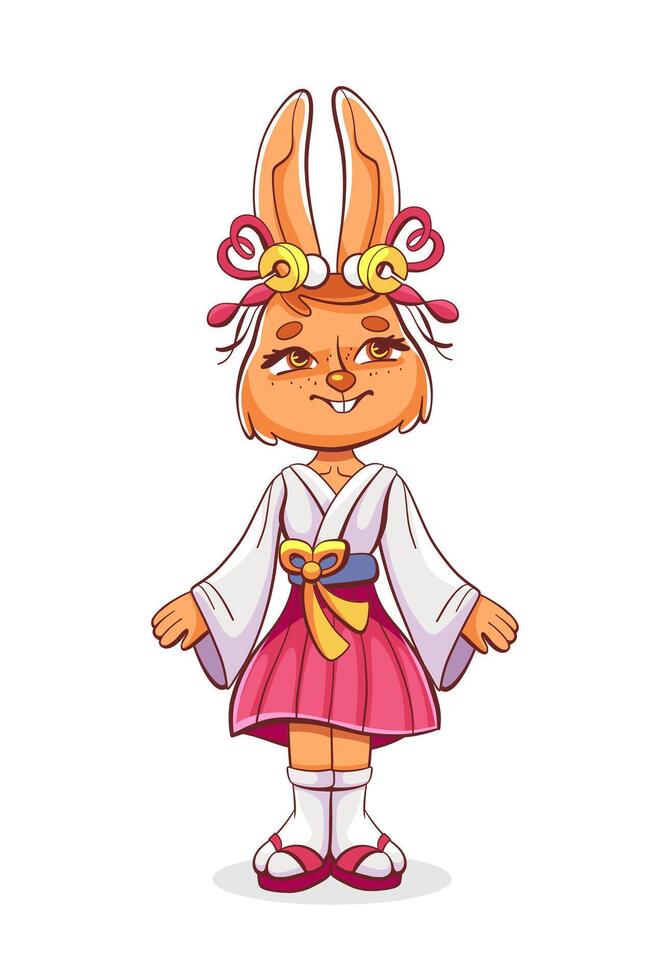 Illustration of a hare girl with bionic prosthetic ears in a cute cartoon style. vector