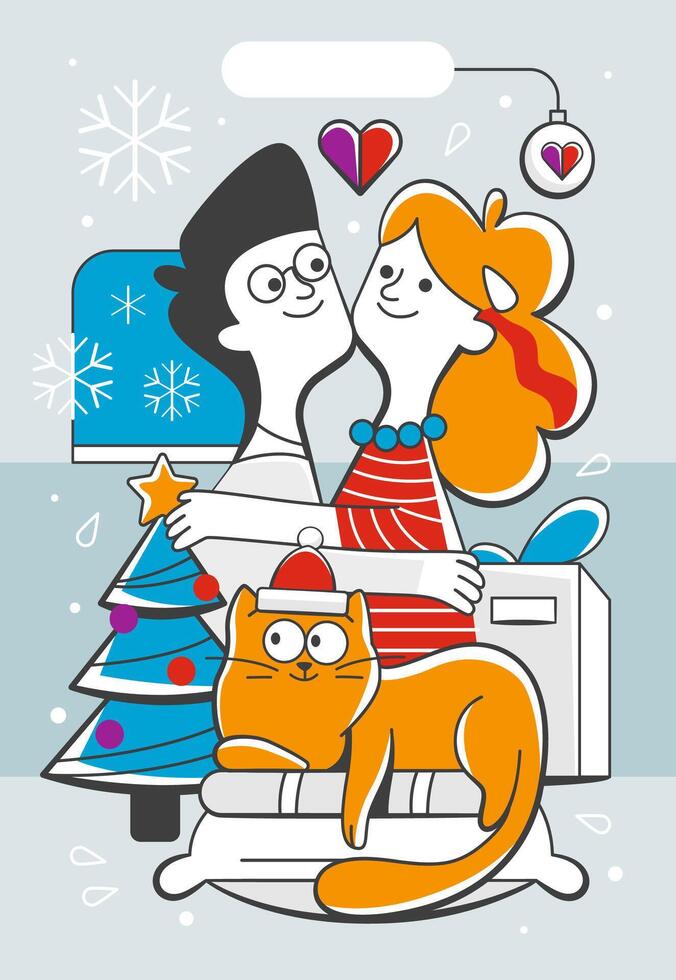 Illustration of a guy hugging a girl and a cat in a cute cartoon style. vector