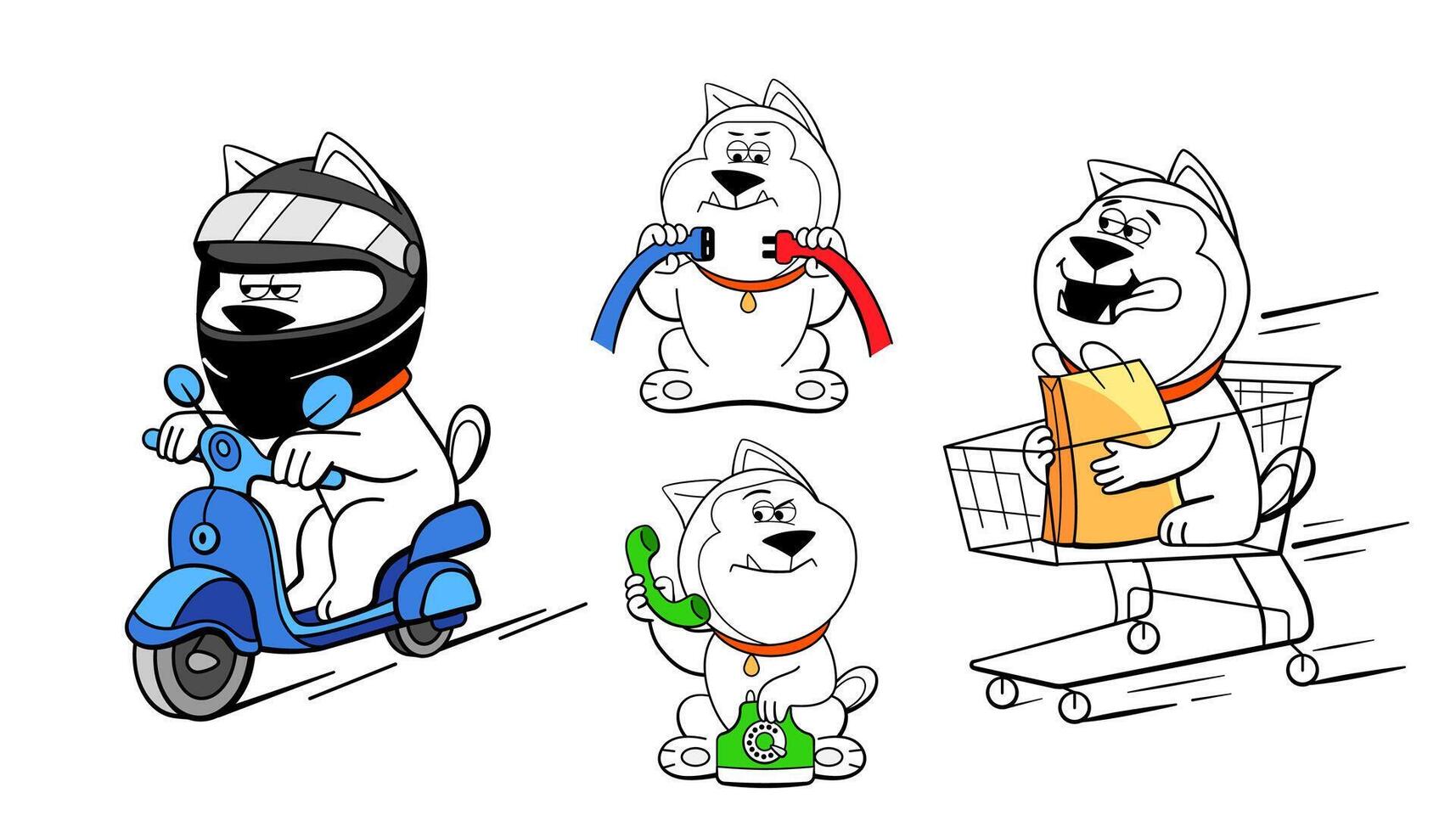 Set of emotions and poses of the character dog, talking on the phone, riding a scooter, connecting cables, etc. in doodle style. vector